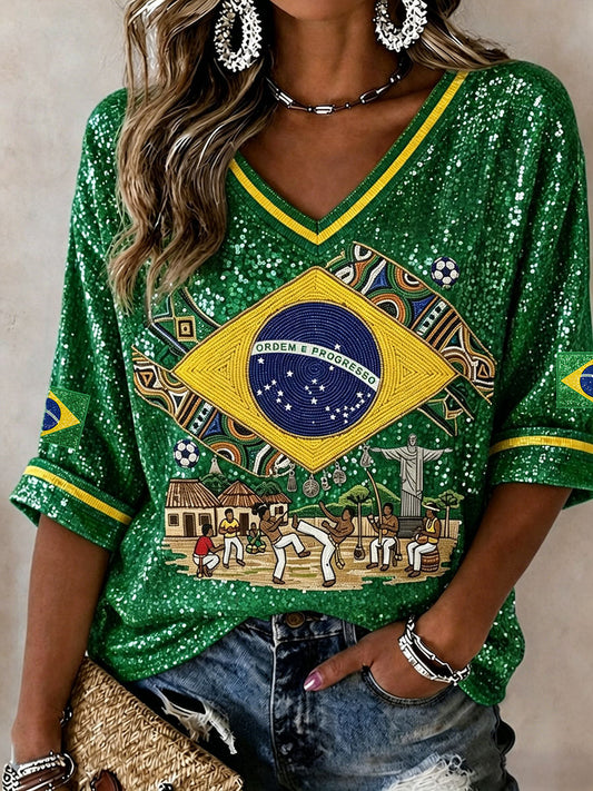 Women's Brazilian Football Glitter Art Print Mid-length Sleeves V-Neck T-Shirt
