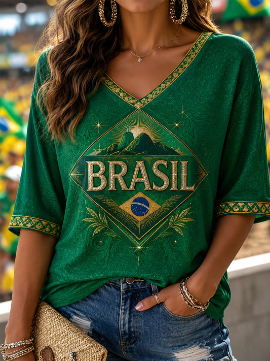 Women's Brasil Print Casual Half-Sleeves V-Neck T-Shirt