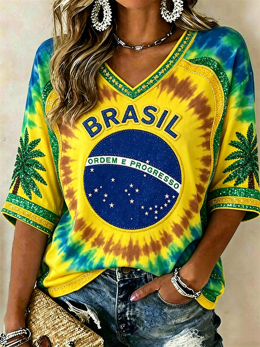 Women's Brasil Football Flag Inspired Tie Dye Print Mid-length Sleeves V-Neck T-Shirt