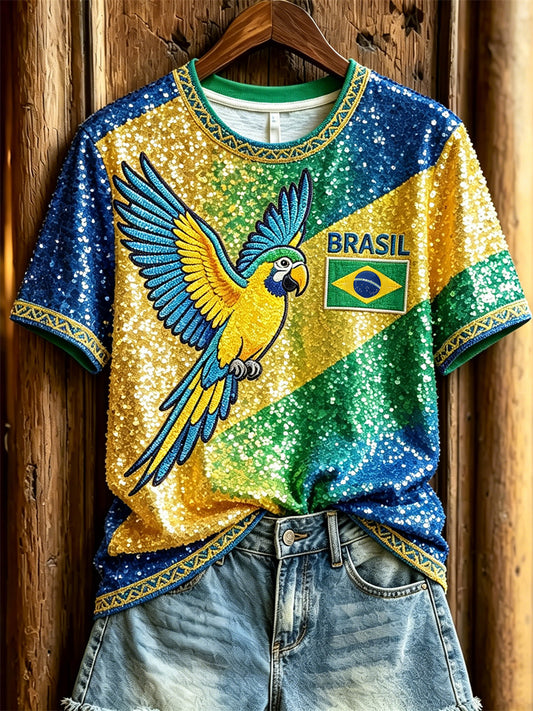 Women's Brasil Football Flying Macaw Flag Colorblock Glitter Print short-sleeved T-shirt