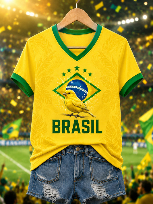 Women's Brasil Canarinho Print Gift For Football Fans Casual V-Neck Tee
