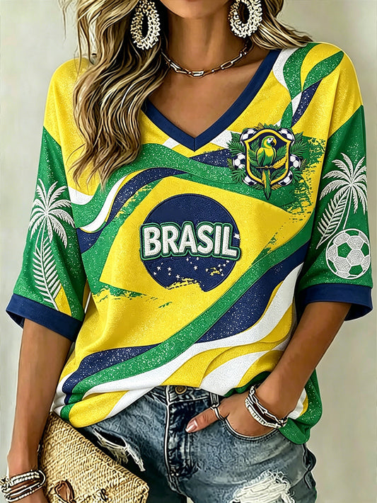 Women's Brazilian rainforest style mid-length sleeves V-neck football jersey