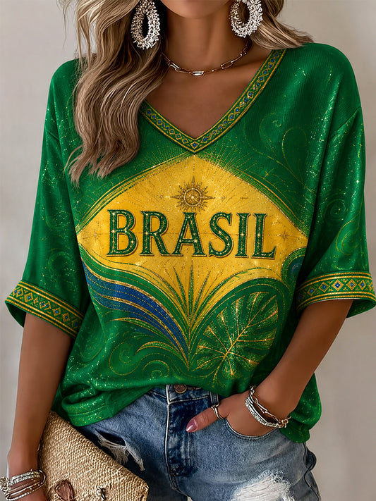 Women's Brasil Print Casual Half-Sleeves V-Neck T-Shirt
