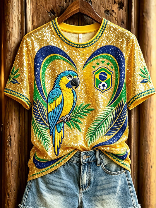 Women's Brasil Football Macaw & Leaves Flag Inspired Glitter Print short-sleeved T-shirt