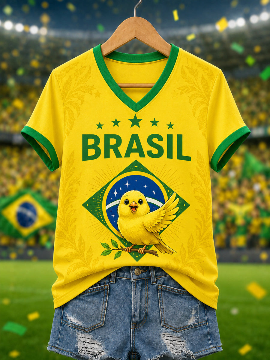 Women's Brasil Canarinho Print Gift For Football Fans Casual V-Neck Tee