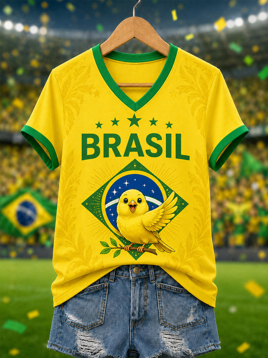 Women's Brasil Canarinho Print Gift For Football Fans Casual V-Neck Tee