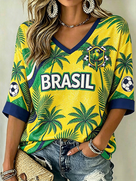 Women's Brazilian rainforest style mid-length sleeves V-neck football jersey