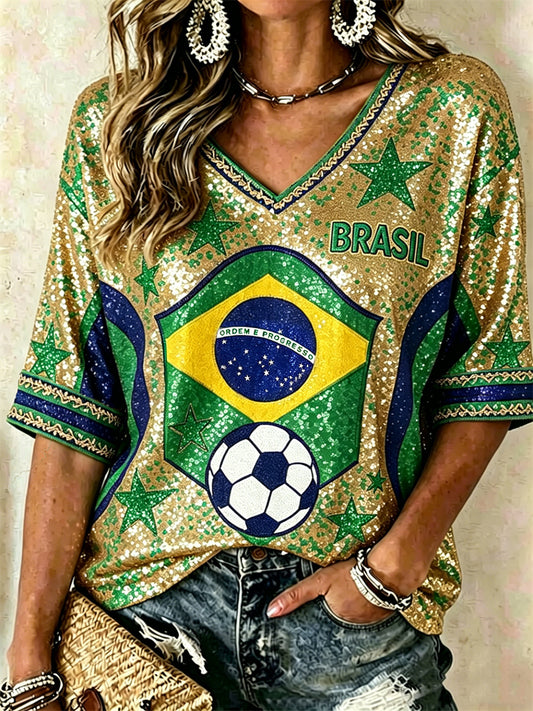 Women's Brasil Football Stars Flag Colorblock Glitter Print Mid-length Sleeves V-Neck T-Shirt