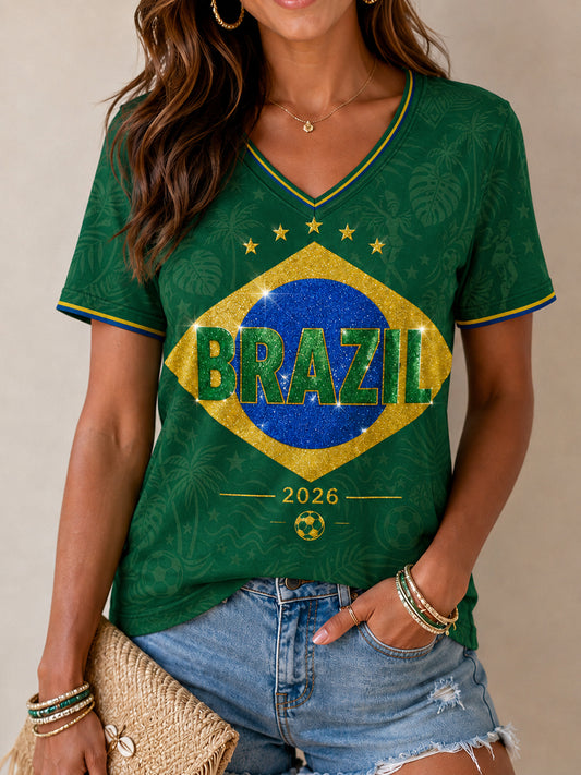Women's Brasil Print Casual V-Neck Tee