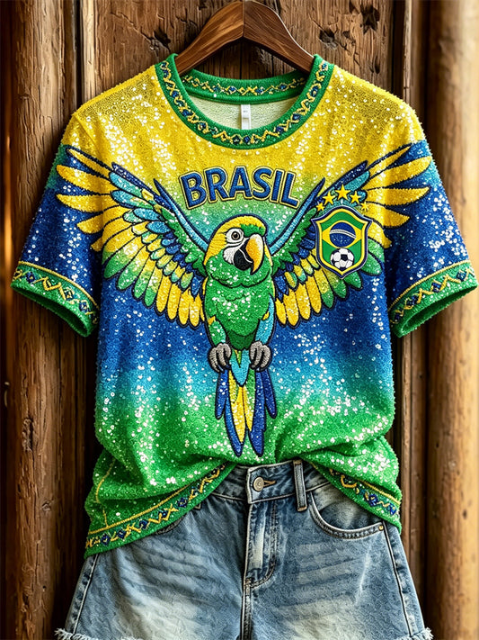 Women's Brasil Football Flying Macaw Flag Gradient Glitter Print short-sleeved T-shirt