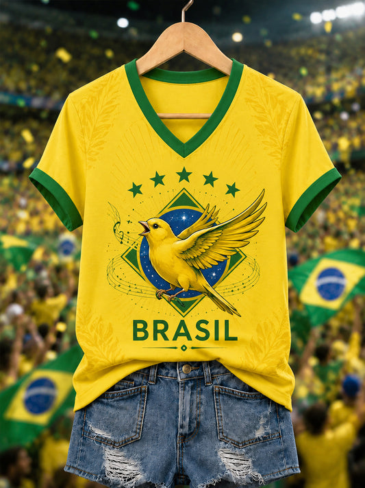 Women's Brasil Canarinho Print Gift For Football Fans Casual V-Neck Tee