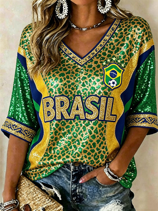 Women's Brasil Football Leopard Flag Colorblock Glitter Print Mid-length Sleeves V-Neck T-Shirt
