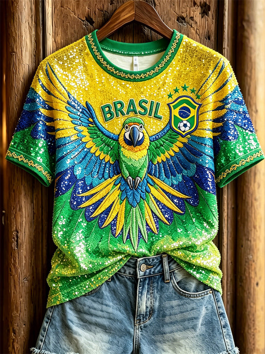 Women's Brasil Football Flying Macaw Flag Colorblock Glitter Print short-sleeved T-shirt