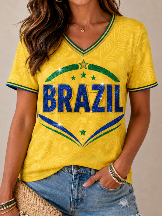 Women's Brasil Print Casual V-Neck Tee
