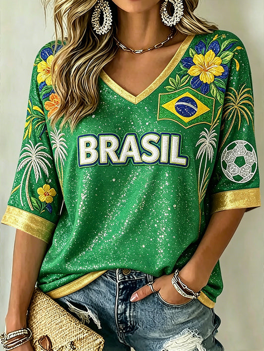 Women's Brazilian rainforest style mid-length sleeves V-neck football jersey