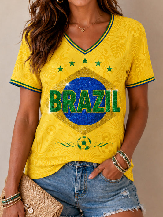 Women's Brasil Print Casual V-Neck Tee