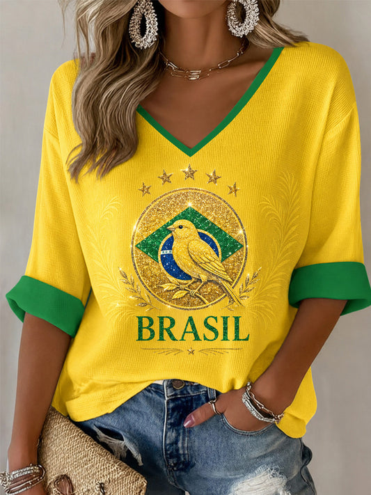 Women's Brasil Print Casual Waffle V-Neck Tee