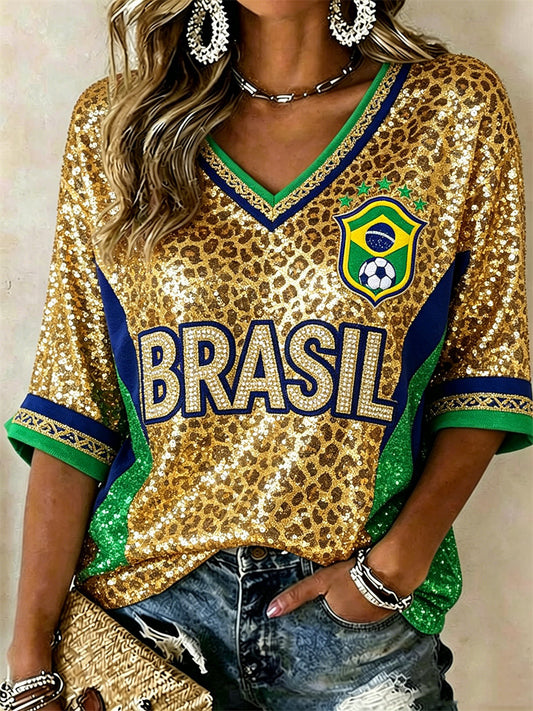 Women's Brasil Football Leopard Flag Colorblock Glitter Print Mid-length Sleeves V-Neck T-Shirt