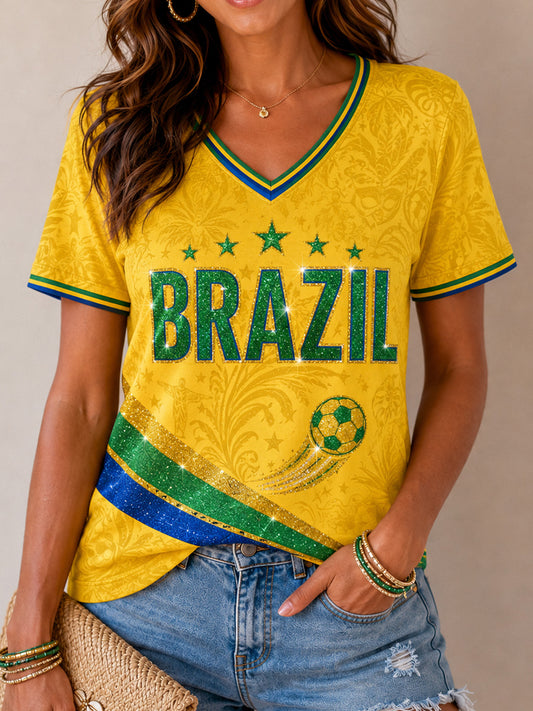 Women's Brasil Print Casual V-Neck Tee