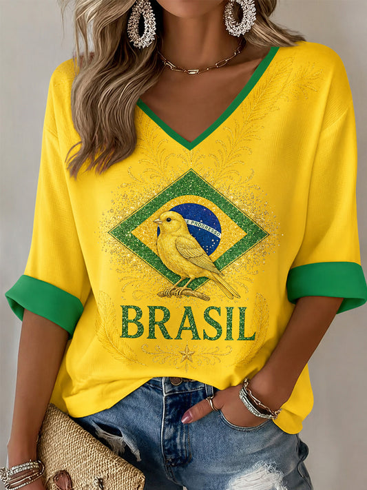 Women's Brasil Print Casual Waffle V-Neck Tee