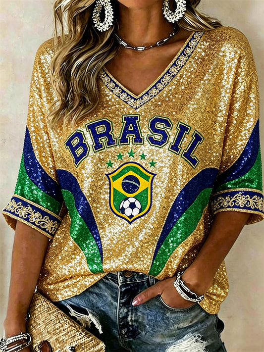 Women's Brasil Football Flag Colorblock Glitter Print Mid-length Sleeves V-Neck T-Shirt
