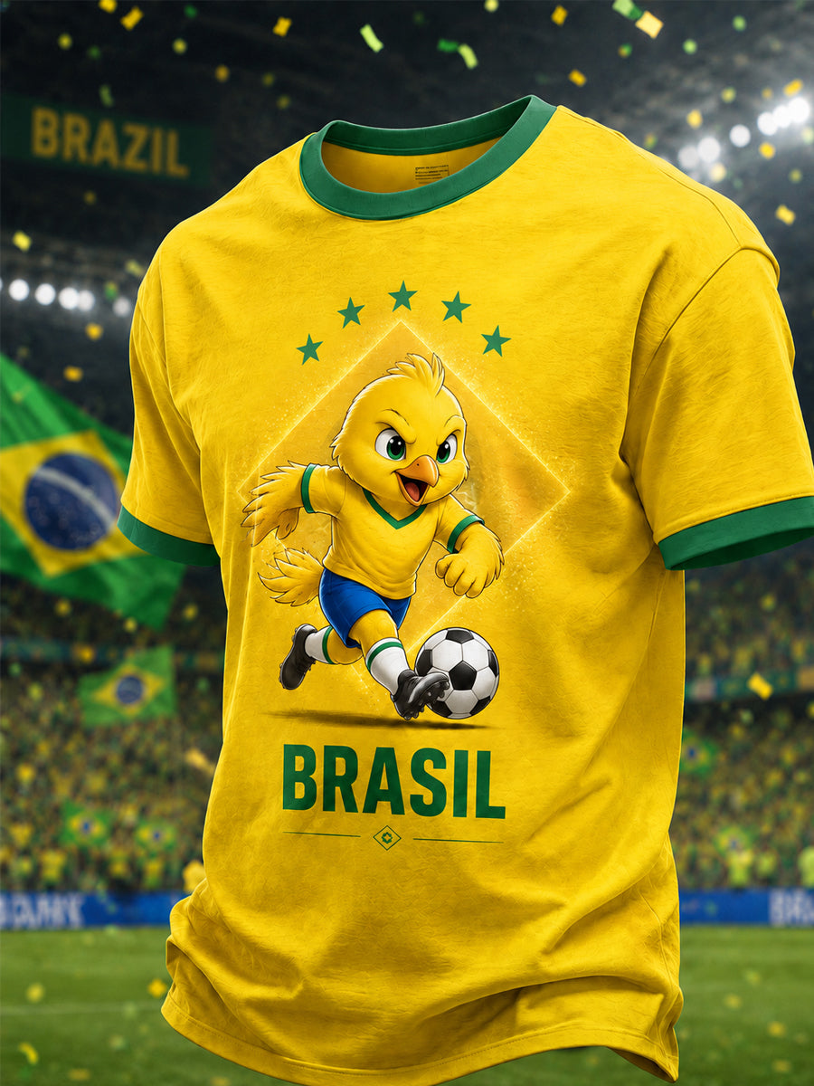 Men's Brasil Canarinho Print Gift For Football Fans Casual Tee