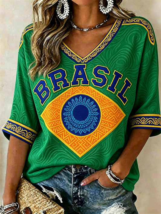 Women's Brasil Football Leaves Ethnic Flag Colorblock Print Mid-length Sleeves V-Neck T-Shirt