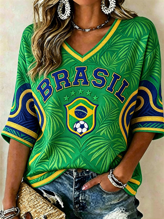 Women's Brasil Football Leaves Flag Colorblock Print Mid-length Sleeves V-Neck T-Shirt