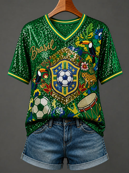 Women's Brazilian Football Inspired Glitter Art Print Short-sleeved T-shirt