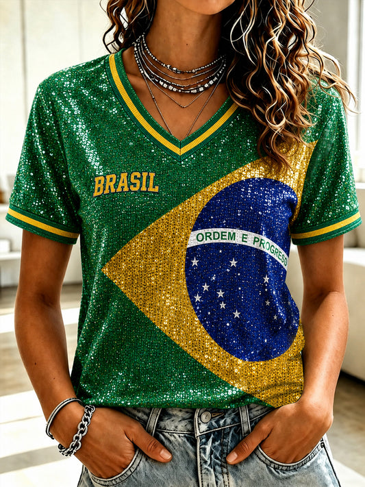 Women's Brazil Football Fan Gift Art Print V-neck Short Sleeve T-shirt