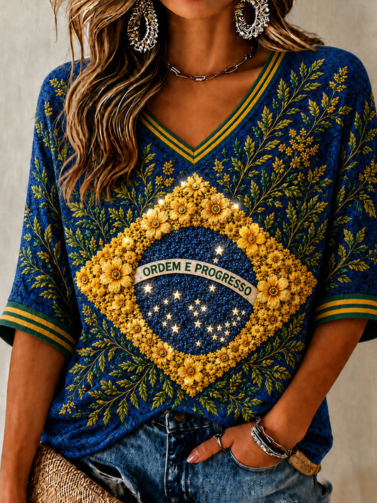 Women's Brazil Football Fan Gift Art Mid-length Sleeves V-Neck T-Shirt