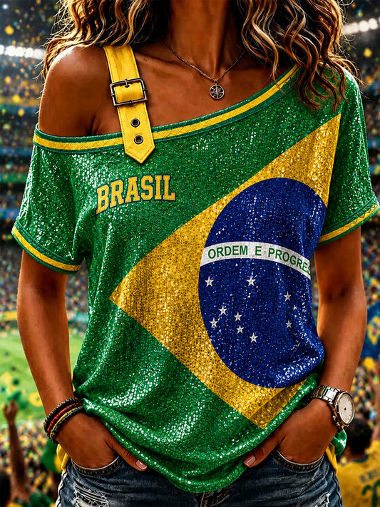 Women's Brazil Football Fan Gift Art Print  Off-the-Shoulder Short-Sleeve T-Shirt