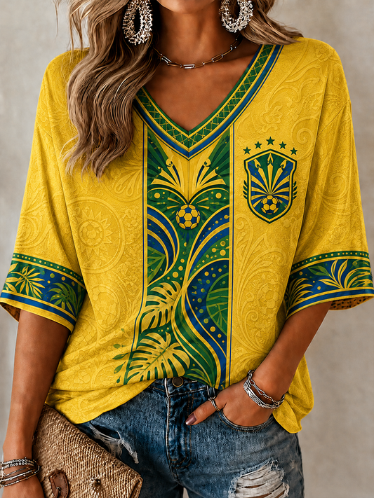 Women's Brazil Printed Mid-length Sleeves V-Neck T-Shirt