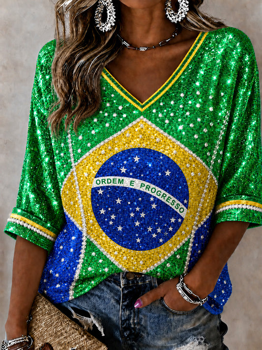 Women's Brazil Football Fan Gift Art Mid-length Sleeves V-Neck T-Shirt