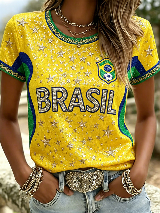 Women's Brasil Football Stars Flag Colorblock Glitter Print short-sleeved T-shirt