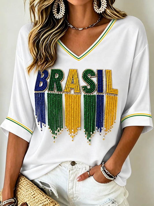 Women's Mid-length Sleeves V-Neck T-Shirt