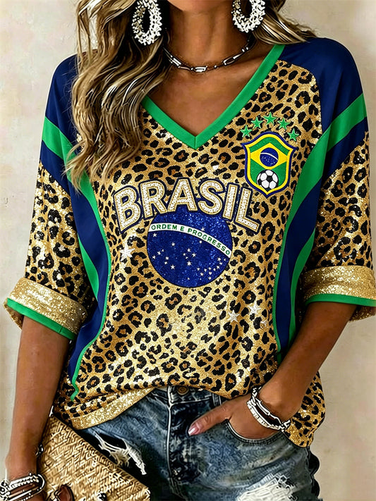 Women's Brasil Football Leopard Flag Colorblock Print Mid-length Sleeves V-Neck T-Shirt