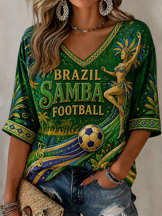 Women's Samba Football Mid-length Sleeves V-Neck T-Shirt