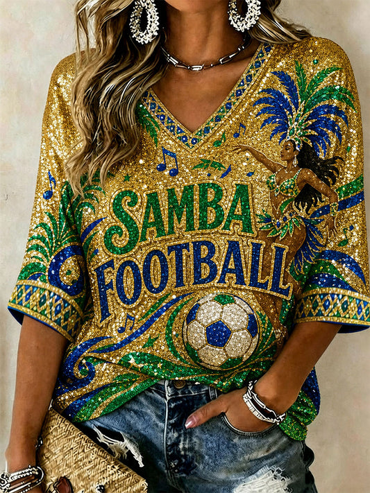 Women's Samba Football Mid-length Sleeves V-Neck T-Shirt