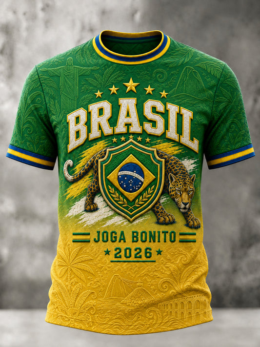 Men's Brazil Football Fan Gift Printed Short Sleeve T-Shirt