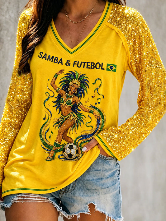 Women's Samba Football Double Layer Neck Long Sleeve T-Shirt