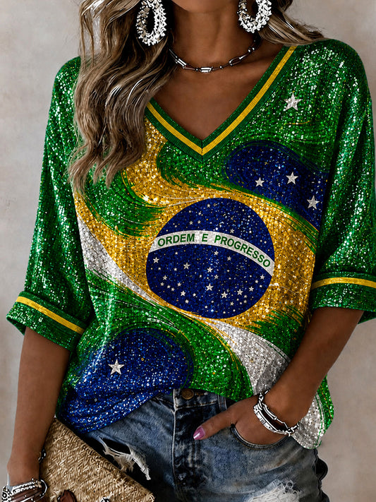 Women's Brazil Football Fan Gift Art Mid-length Sleeves V-Neck T-Shirt