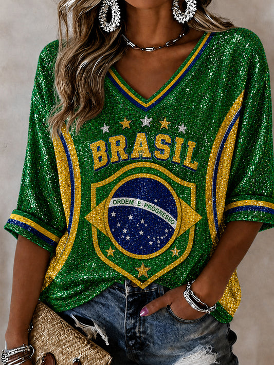 Women's Brazil Football Fan Gift Art Mid-length Sleeves V-Neck T-Shirt
