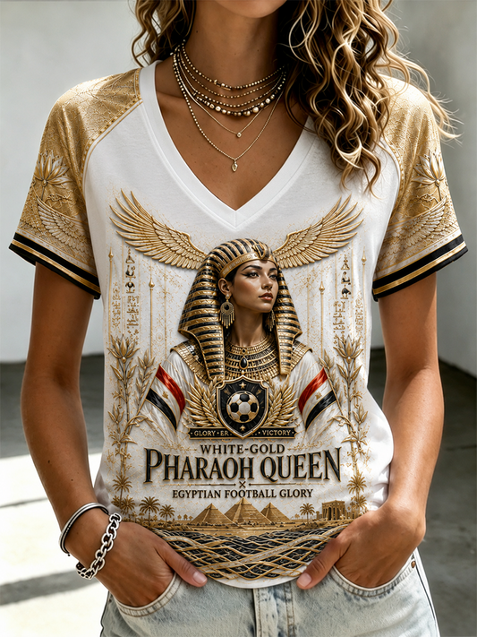 Women's Egyptian Football V-Neck Off-Shoulder Short-Sleeved T-Shirt