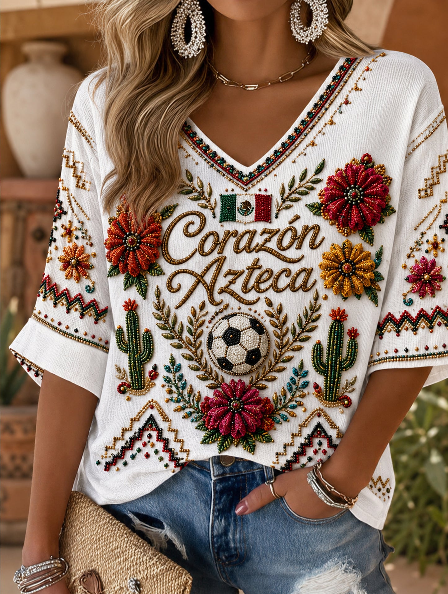 Women's Mexican Football Match Cheering Element Art Print V-Neck Top