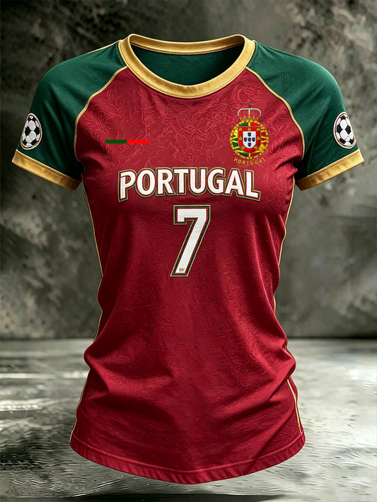 Women's red and green clash color design football pattern element round neck short sleeve T-shirt
