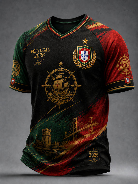 Retro 2026 Portugal Soccer Fan Casual V-Neck T-Shirt