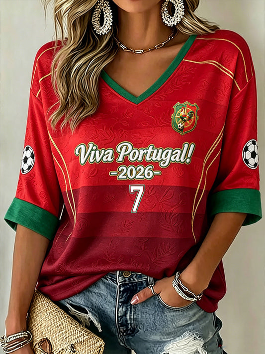 Women's Soccer Element Color-blocking Design Casual  Mid-length Sleeves V-Neck T-Shirt