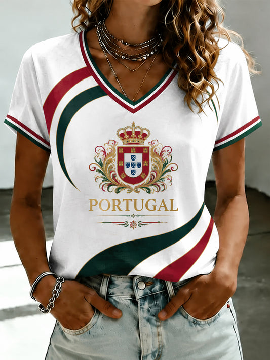 Women's Portuguese Football Printed V-neck T-shirt