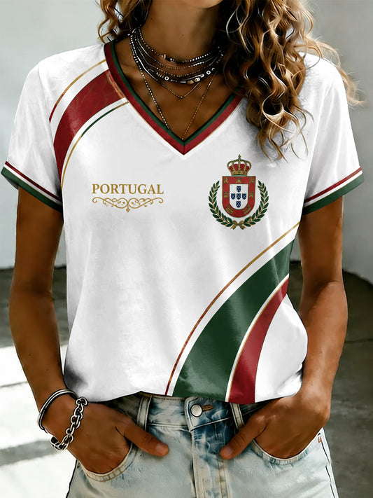 Women's Portuguese Football Printed V-neck T-shirt